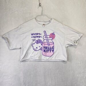 Hello Kitty Kawaii Strawberry Milk Crop Top White Pink Graphic Tee L